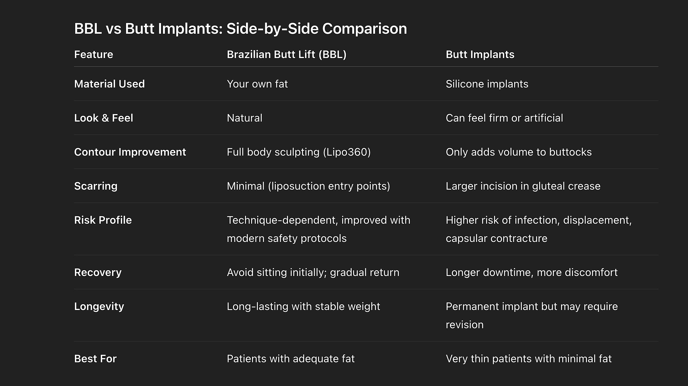 BBL vs Butt Implants comparison chart.
