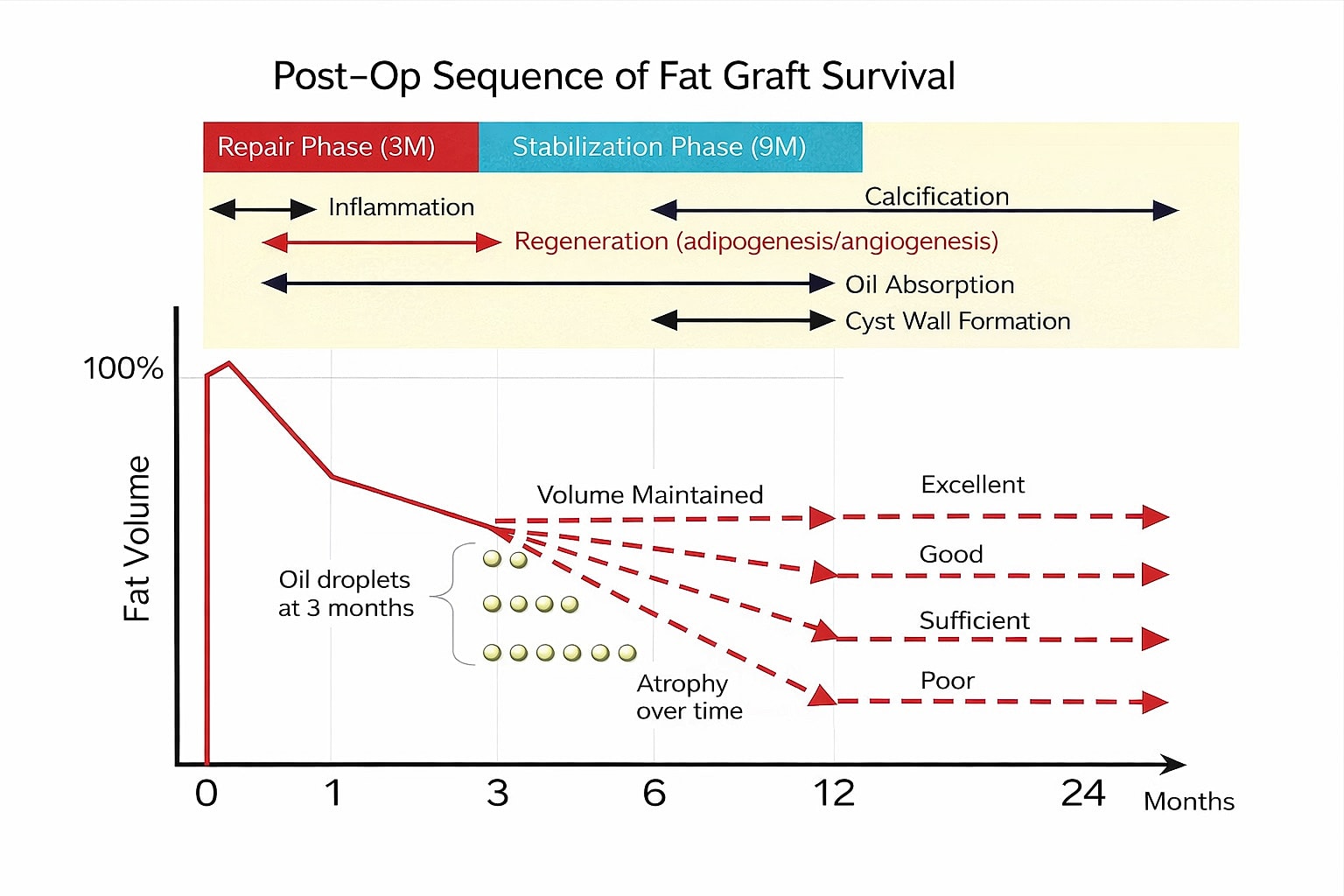 Post-operative fat graft survival phases and volume changes.