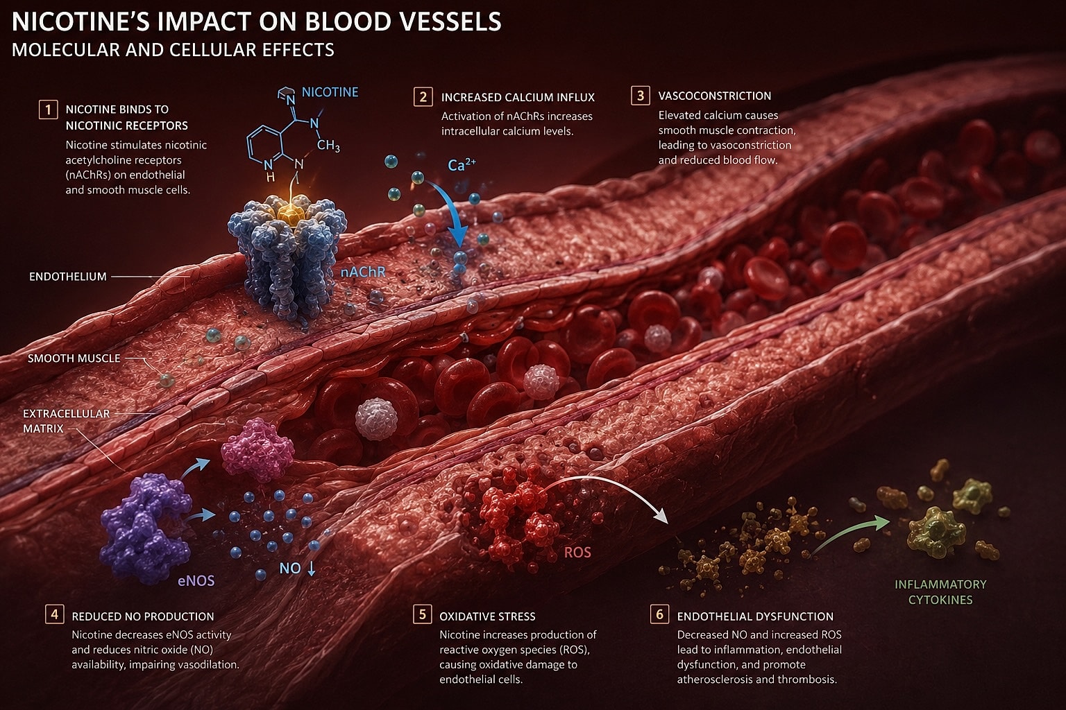 Nicotine's effects on blood vessels and endothelial health.