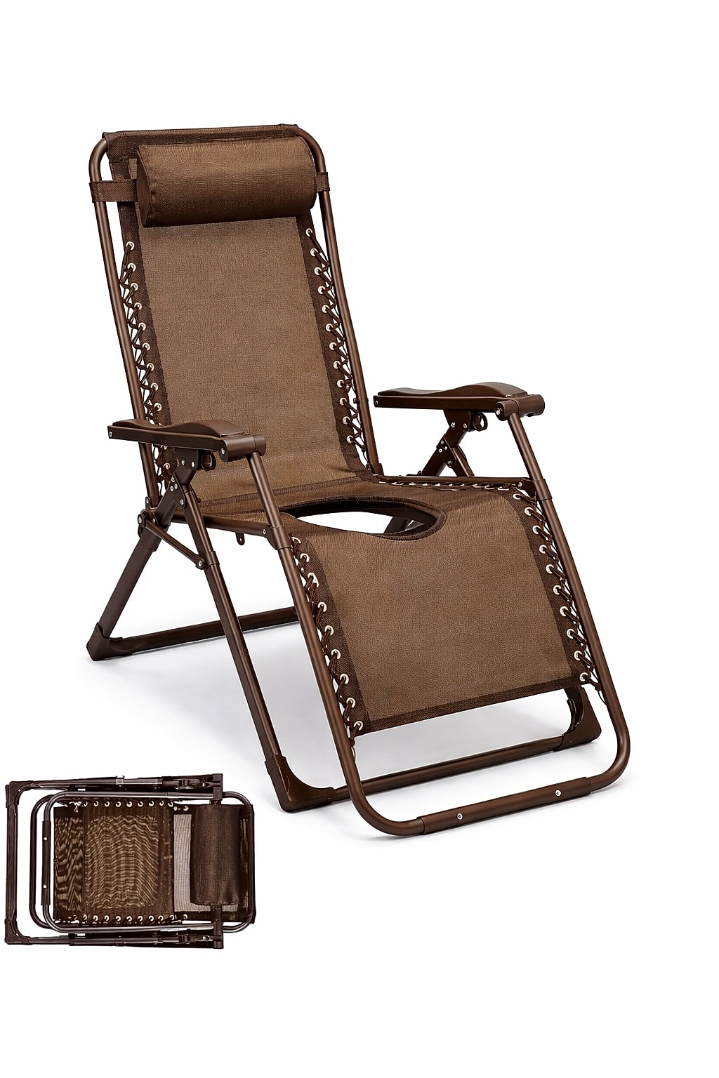 Brown folding lounge chair with headrest and cupholder.