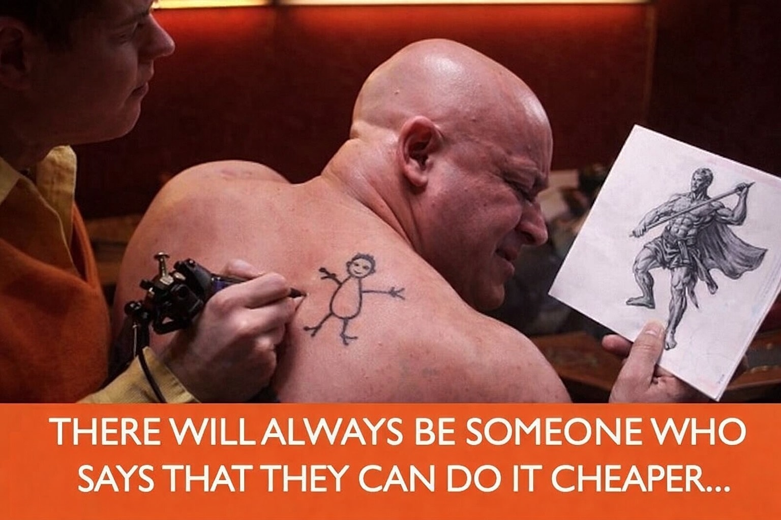 Tattoo artist compares designs, humorous regret.