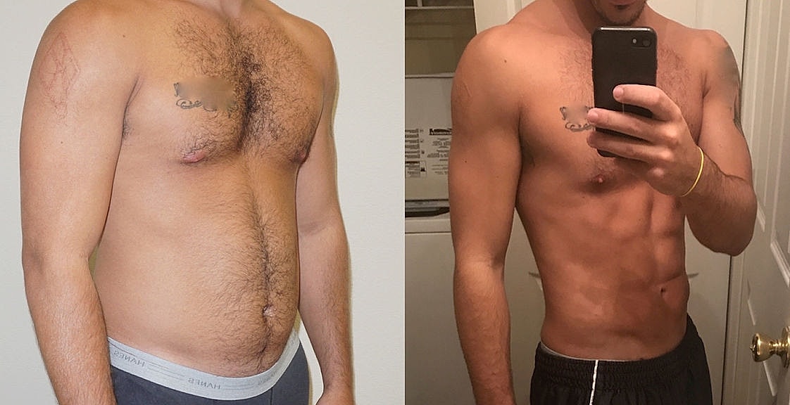 Before and after fitness transformation photo.