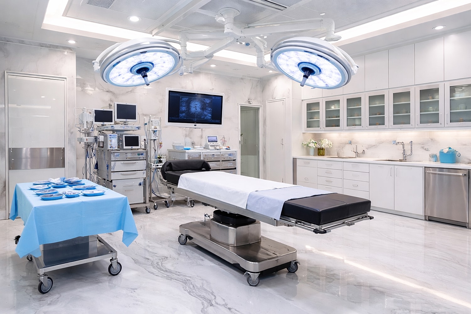 Surgical room with medical equipment and supplies.