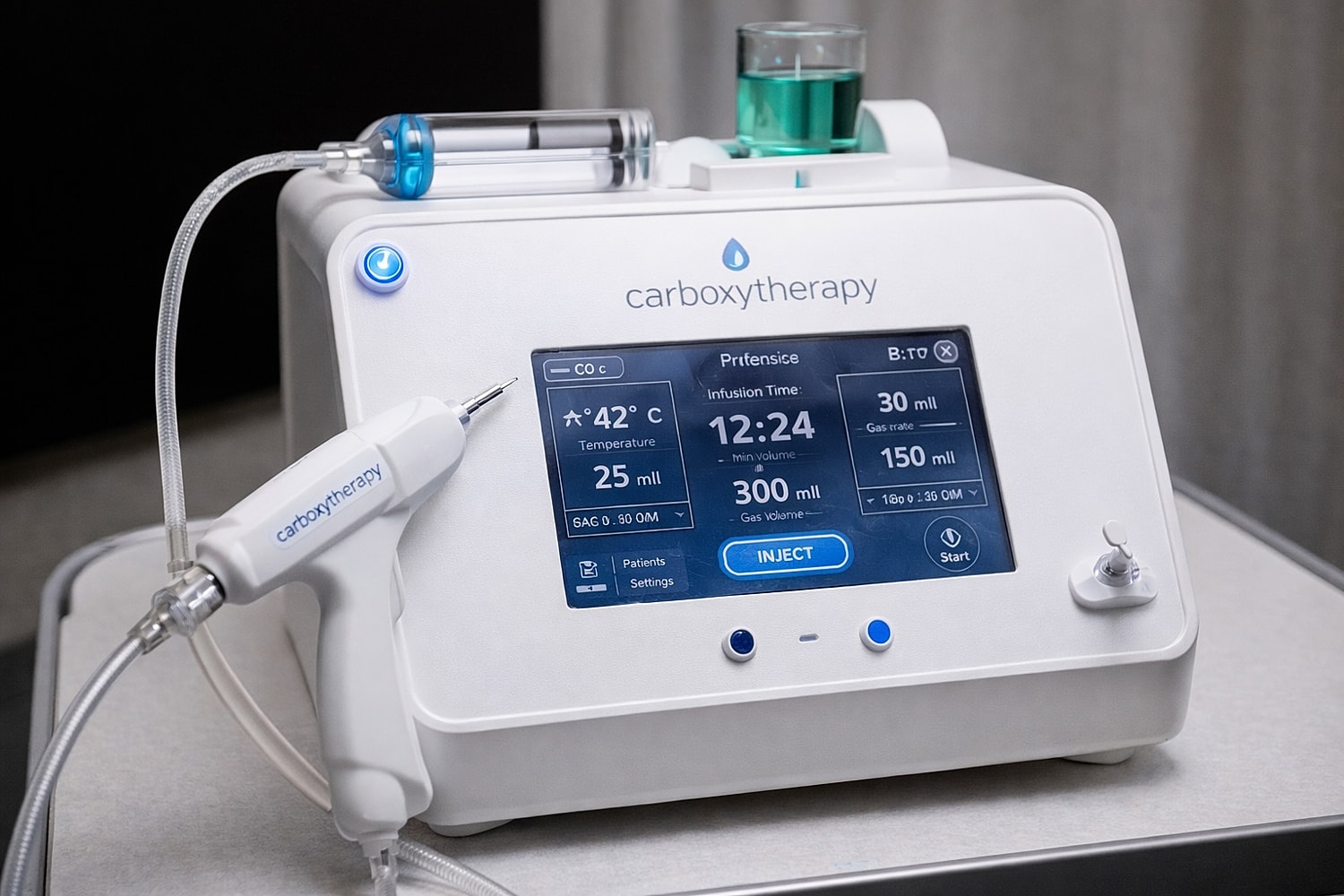 Carboxytherapy machine with digital interface and injector.