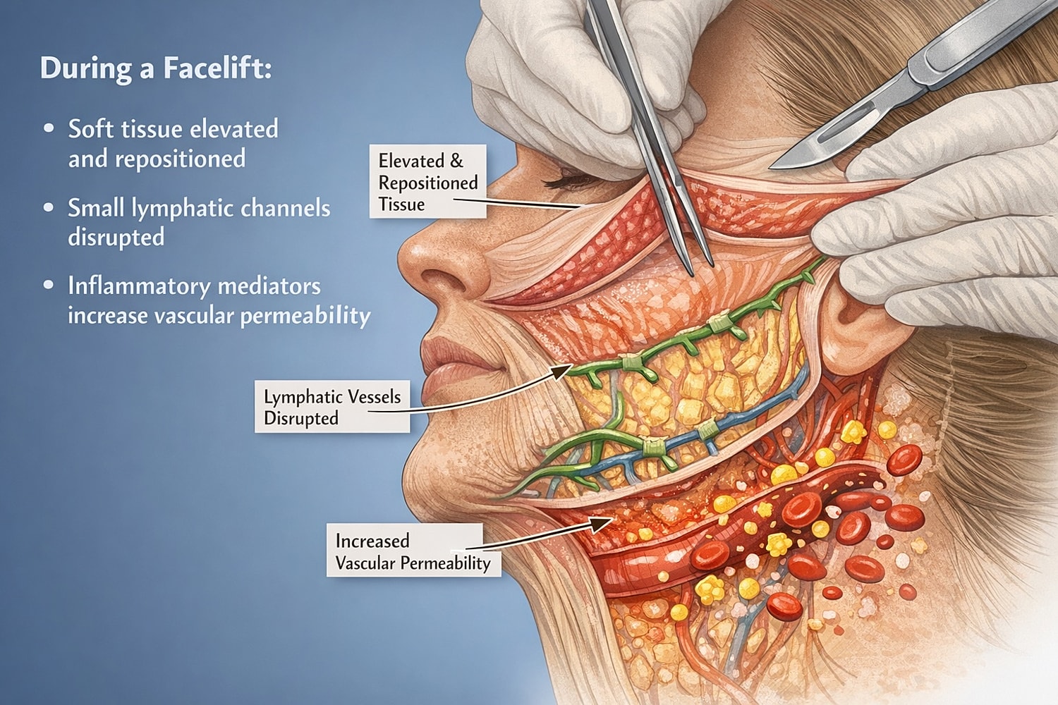 Facelift procedure illustrating tissue elevation and repositioning.