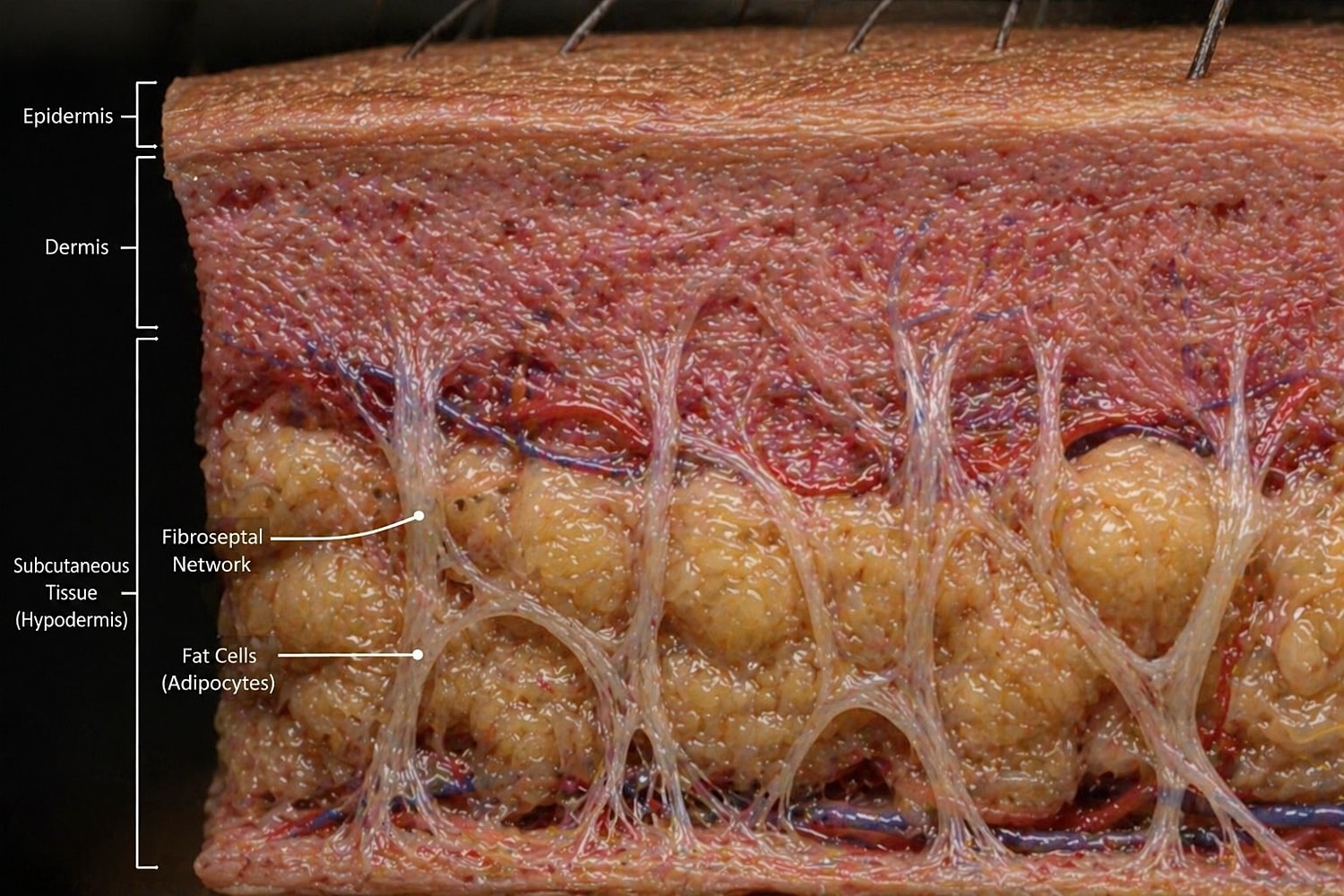 Cross-section of skin with labeled layers.