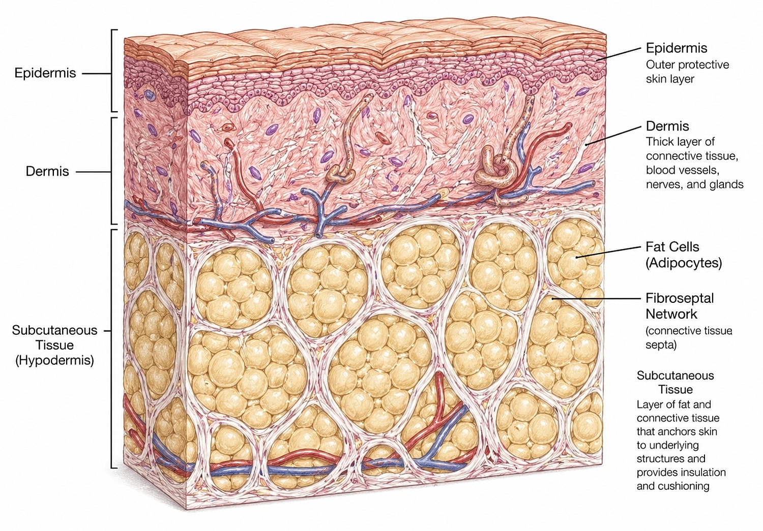 Skin anatomy diagram illustrating layers and structures.