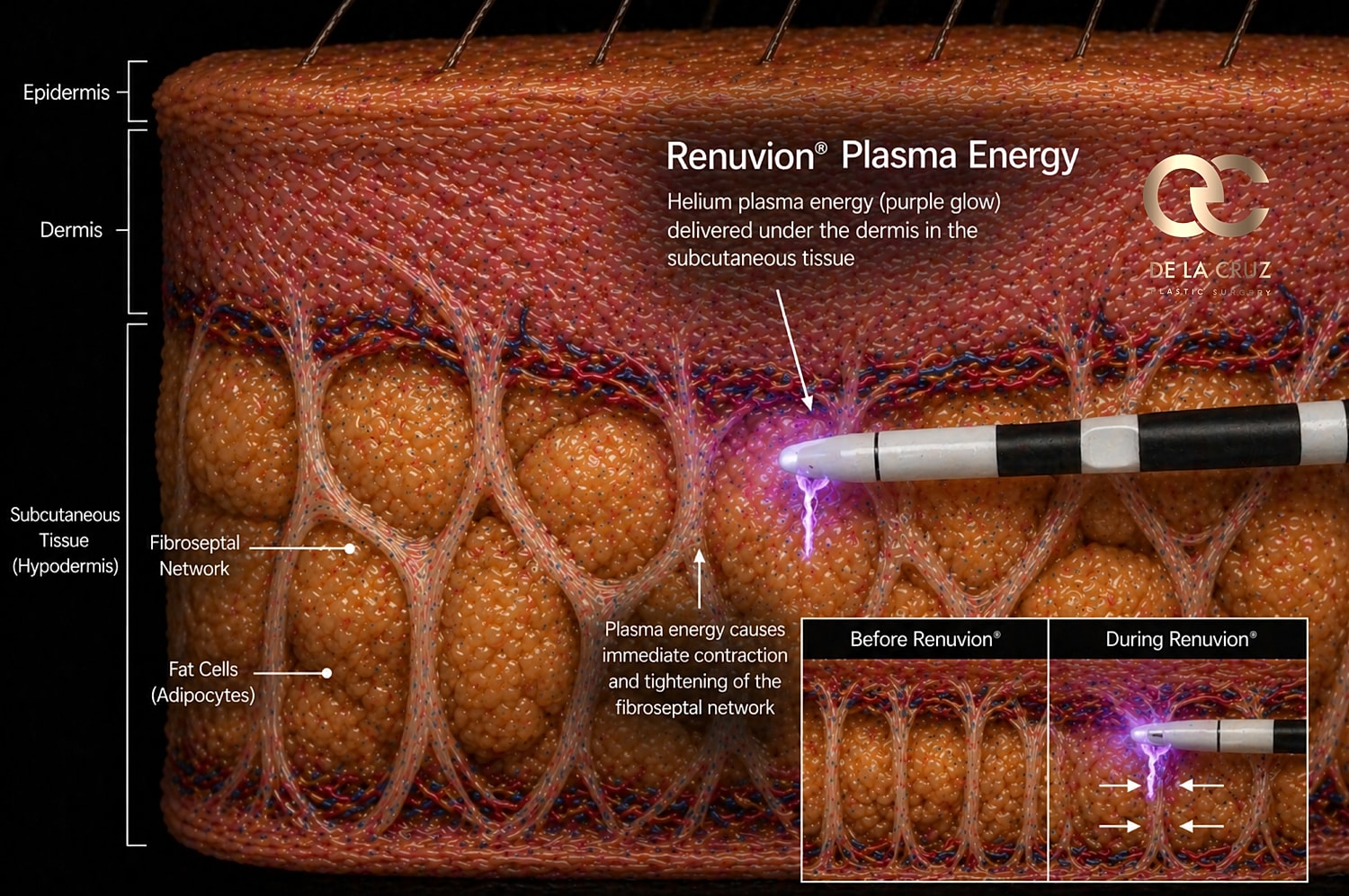 Renuvion plasma energy treatment diagram and process.