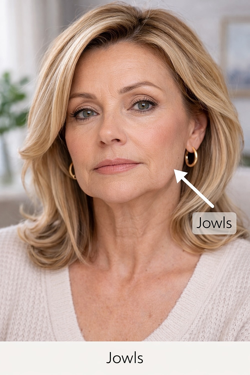 Woman highlighting jowls with labeled pointer.