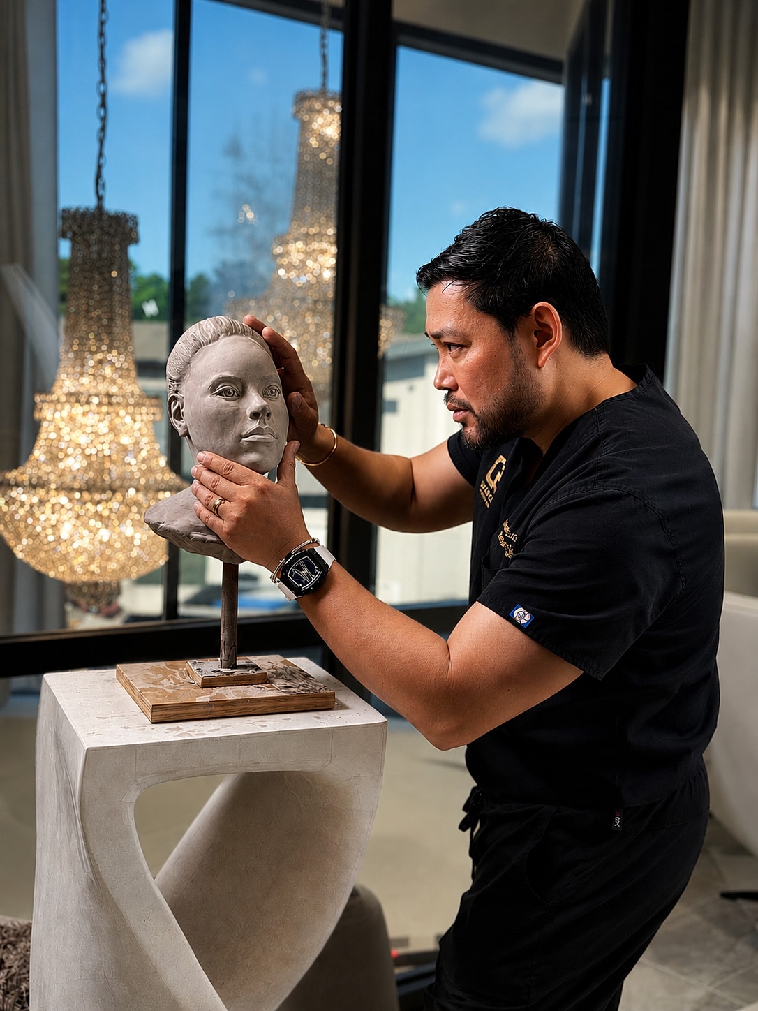 Artist sculpting a detailed clay bust.