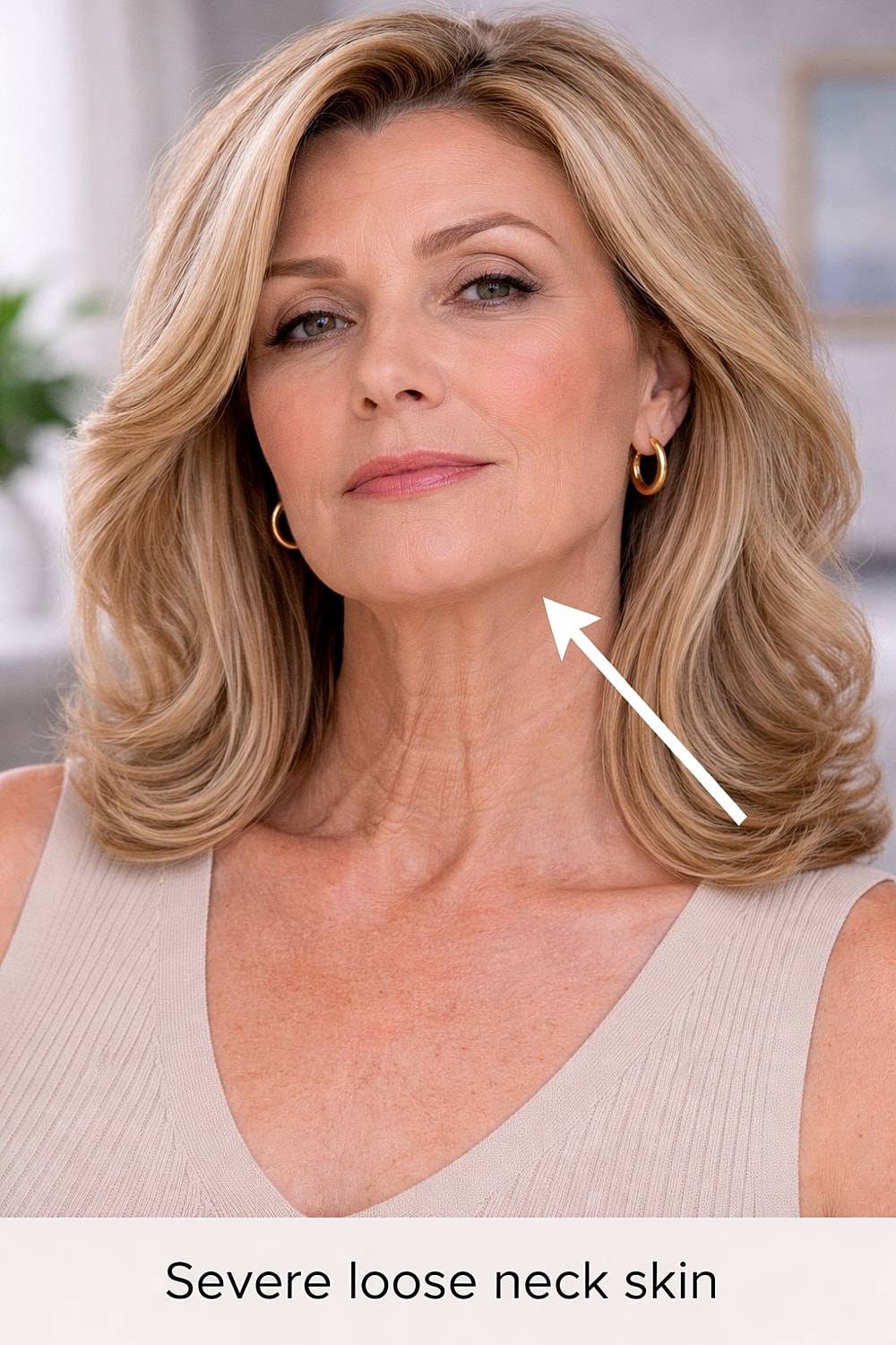 Woman with noticeable loose neck skin.