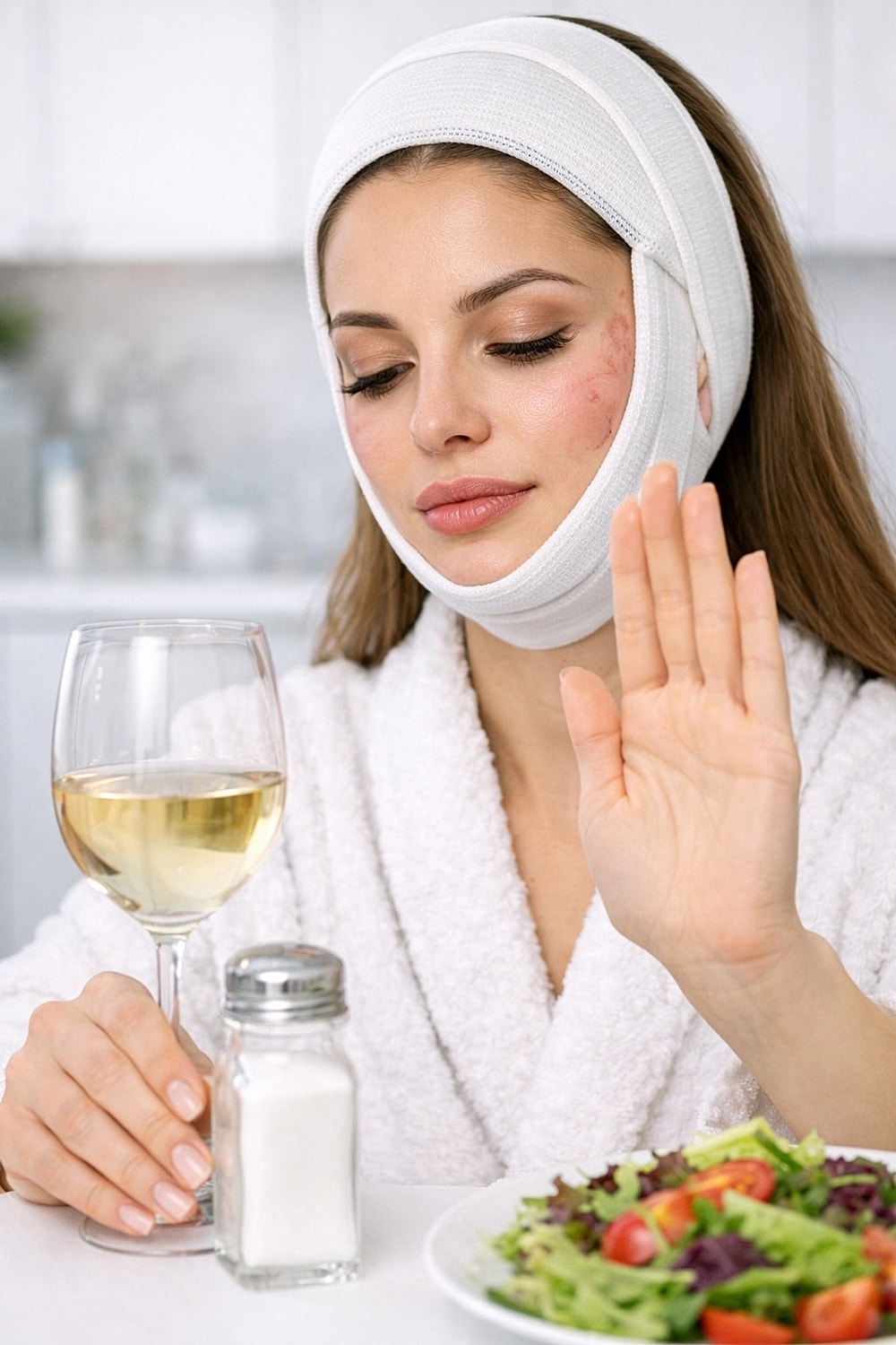 Woman with recovery wrap enjoying healthy meal.