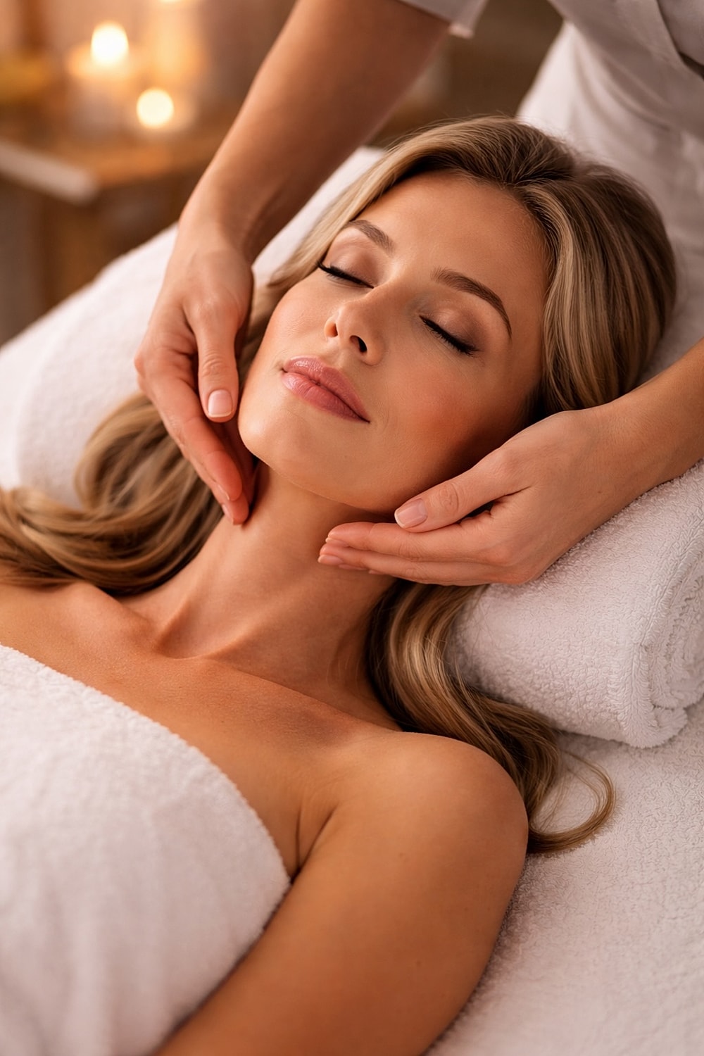 Woman receiving a facial massage in spa setting.